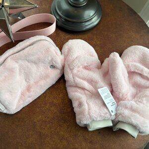Lululemon Pink Plush Fleece 1L Everywhere Belt Bag and Mitten M/L Set